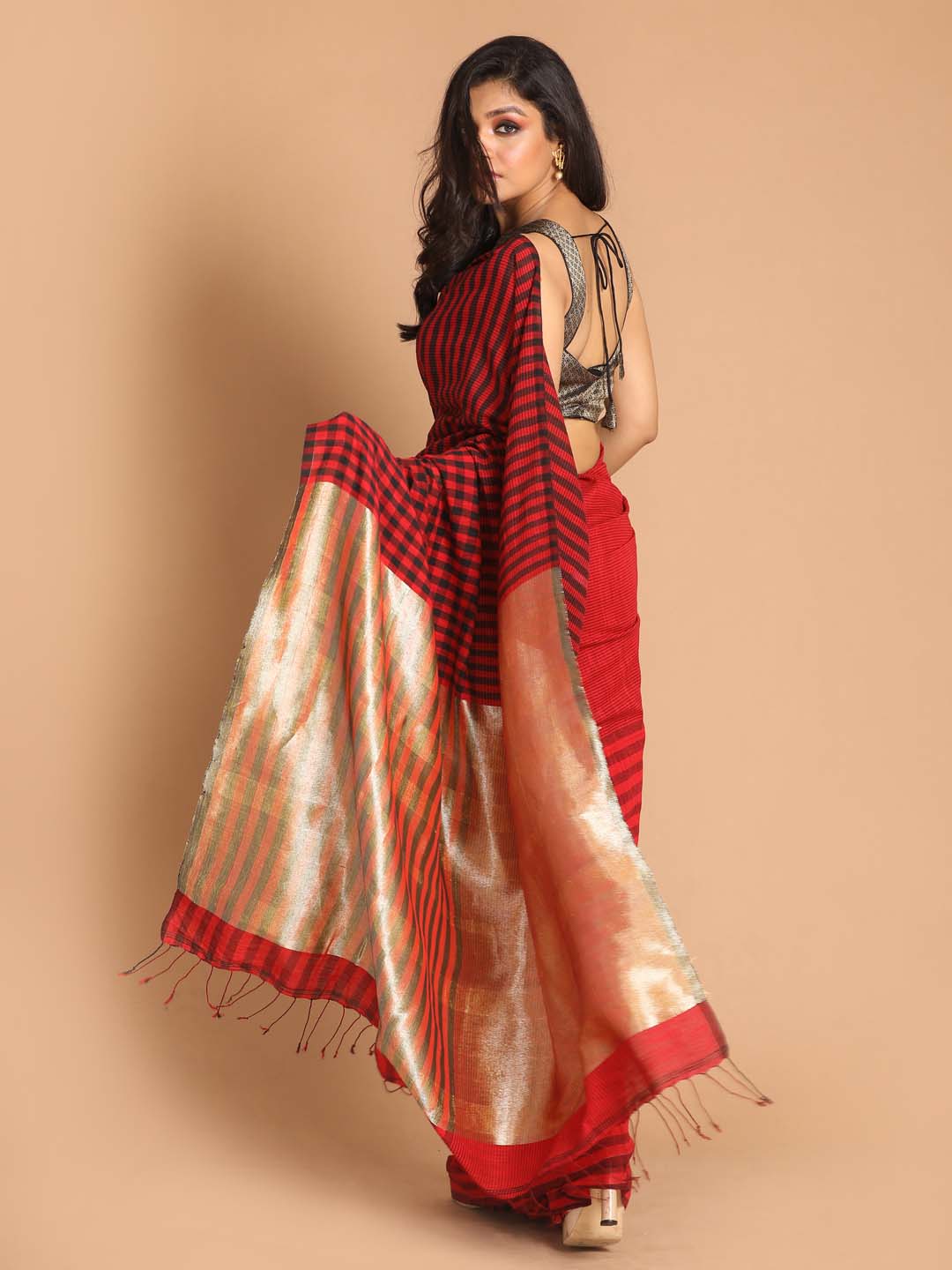 Indethnic Red Bengal Handloom Pure Cotton Saree Work Saree - View 3