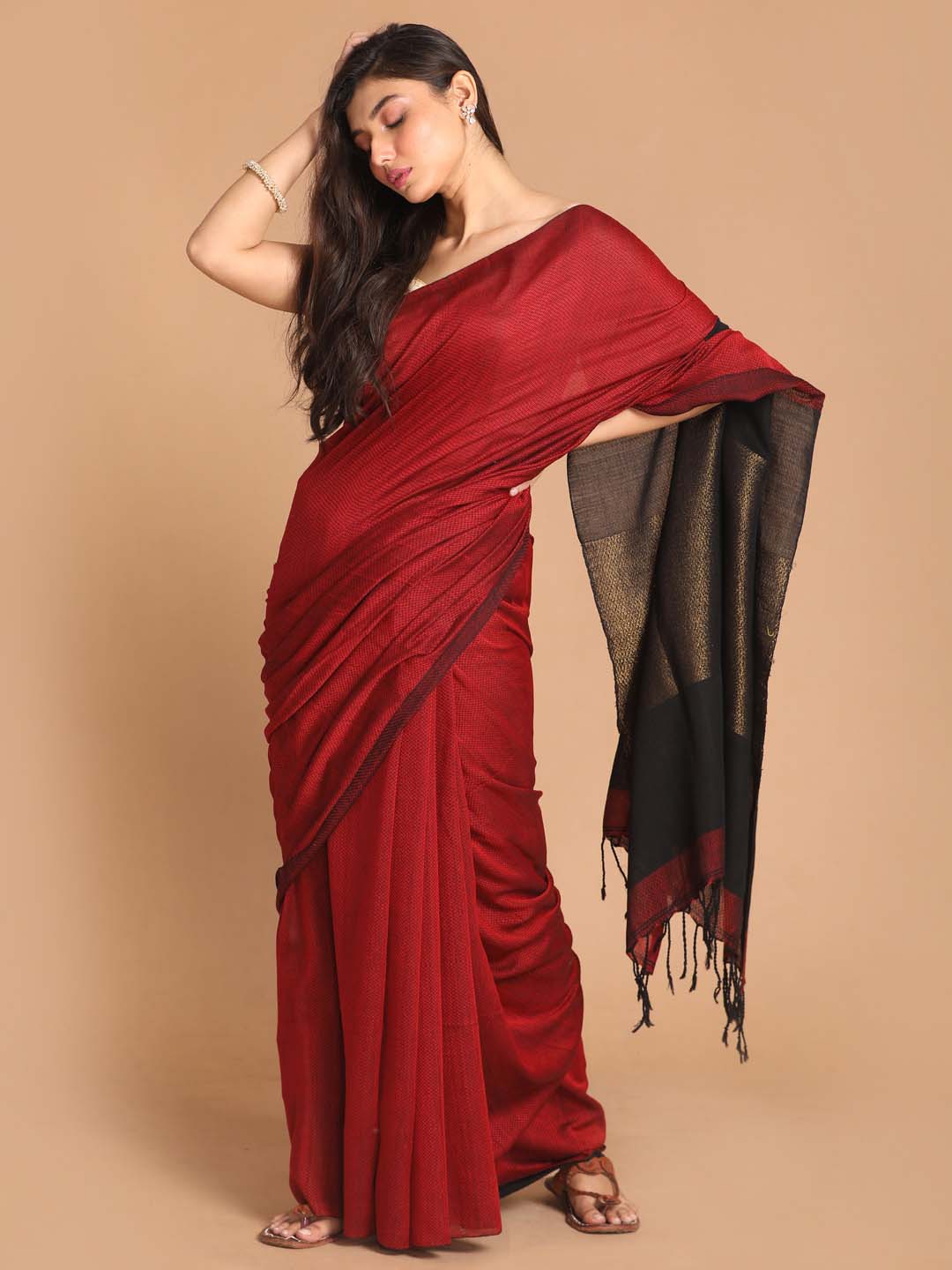 Indethnic Red Bengal Handloom Pure Cotton Saree Party Saree - View 1