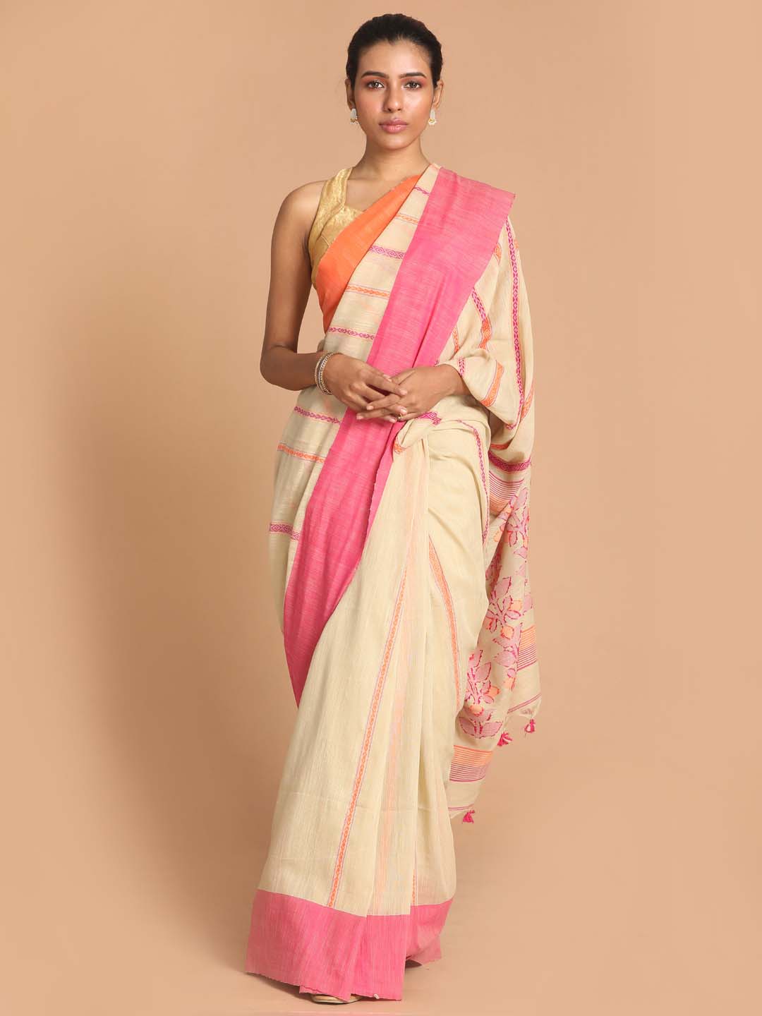 Indethnic Beige Bengal Handloom Pure Cotton Saree Daily Saree - View 1