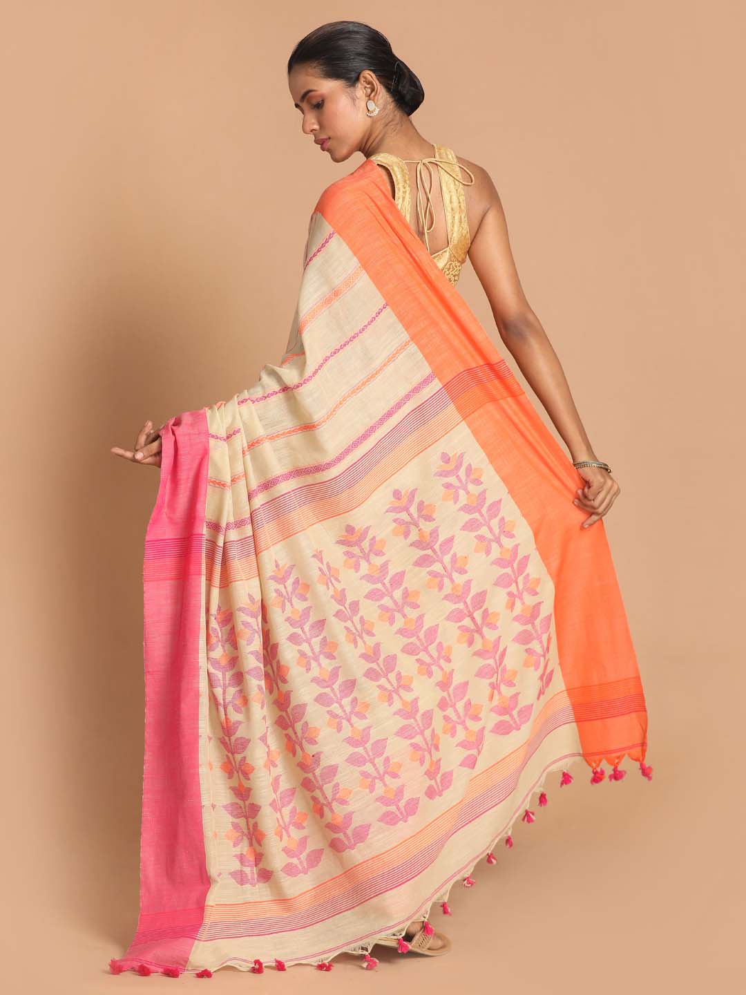 Indethnic Beige Bengal Handloom Pure Cotton Saree Daily Saree - View 3