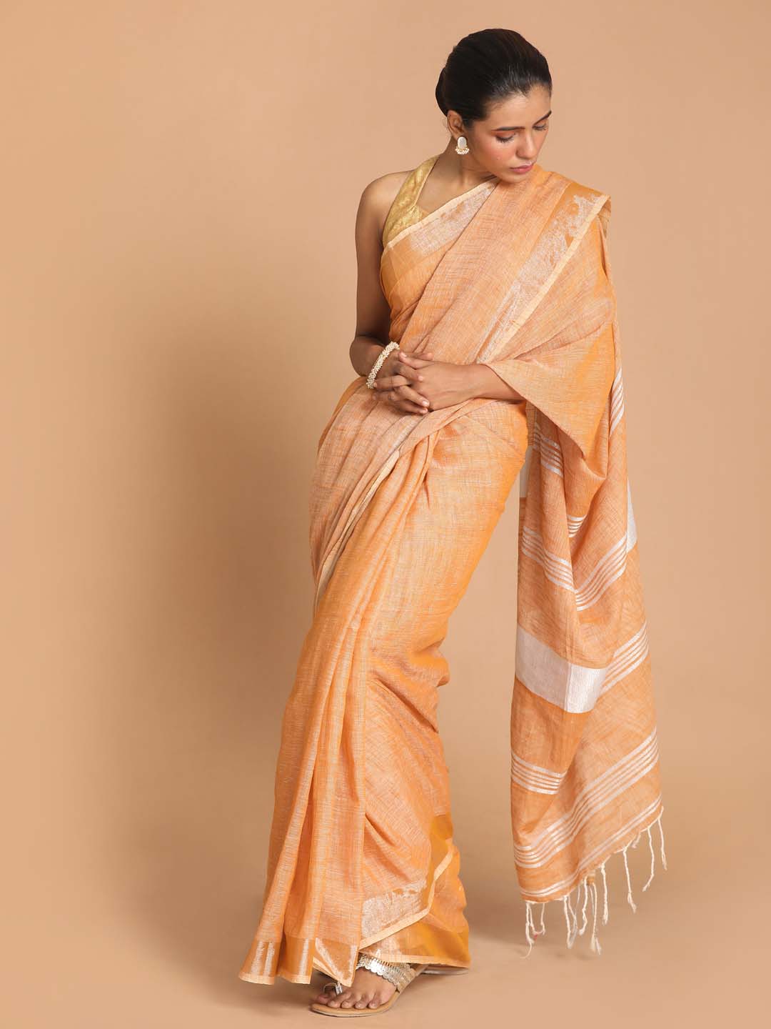 Indethnic Beige Bengal Handloom Pure Cotton Saree Work Saree - View 1