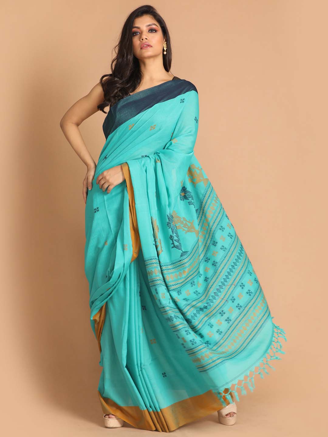 Indethnic Blue Bengal Handloom Pure Cotton Saree Daily Saree - View 1