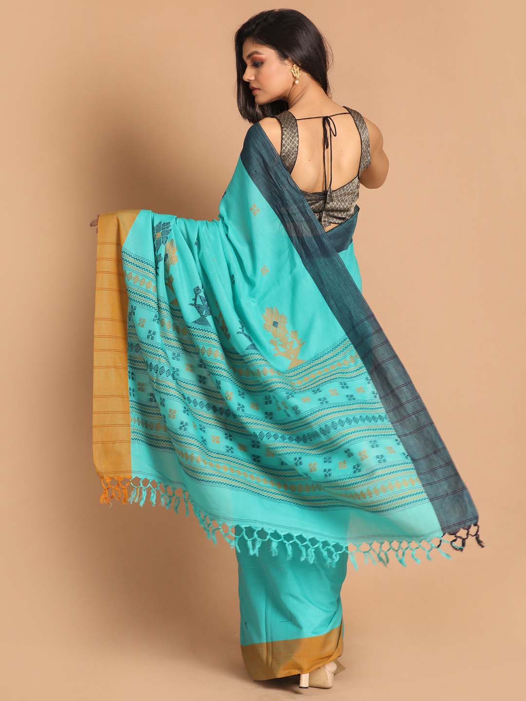 Indethnic Blue Bengal Handloom Pure Cotton Saree Daily Saree - View 3