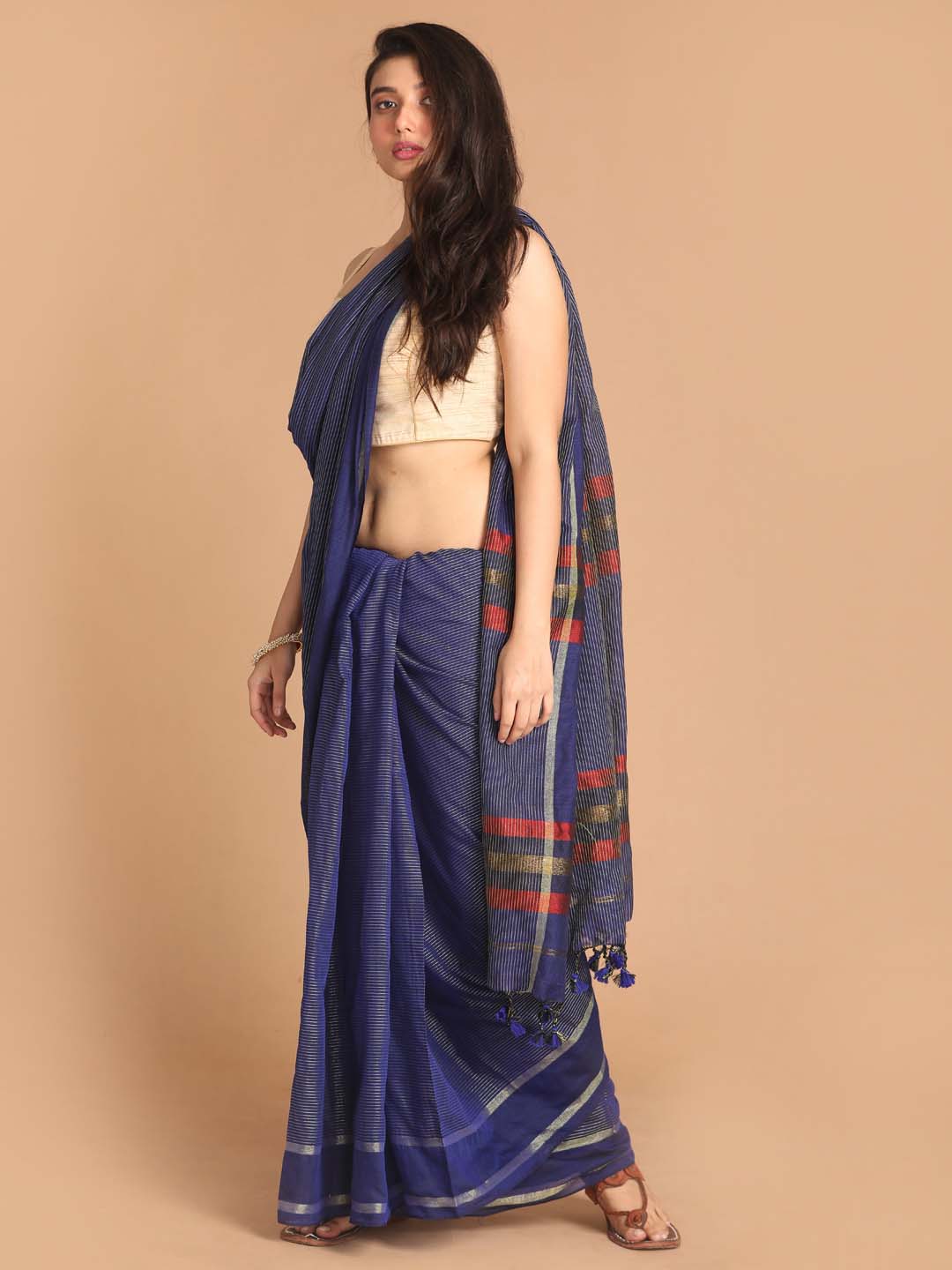 Indethnic Blue Bengal Handloom Pure Cotton Saree Work Saree - View 2