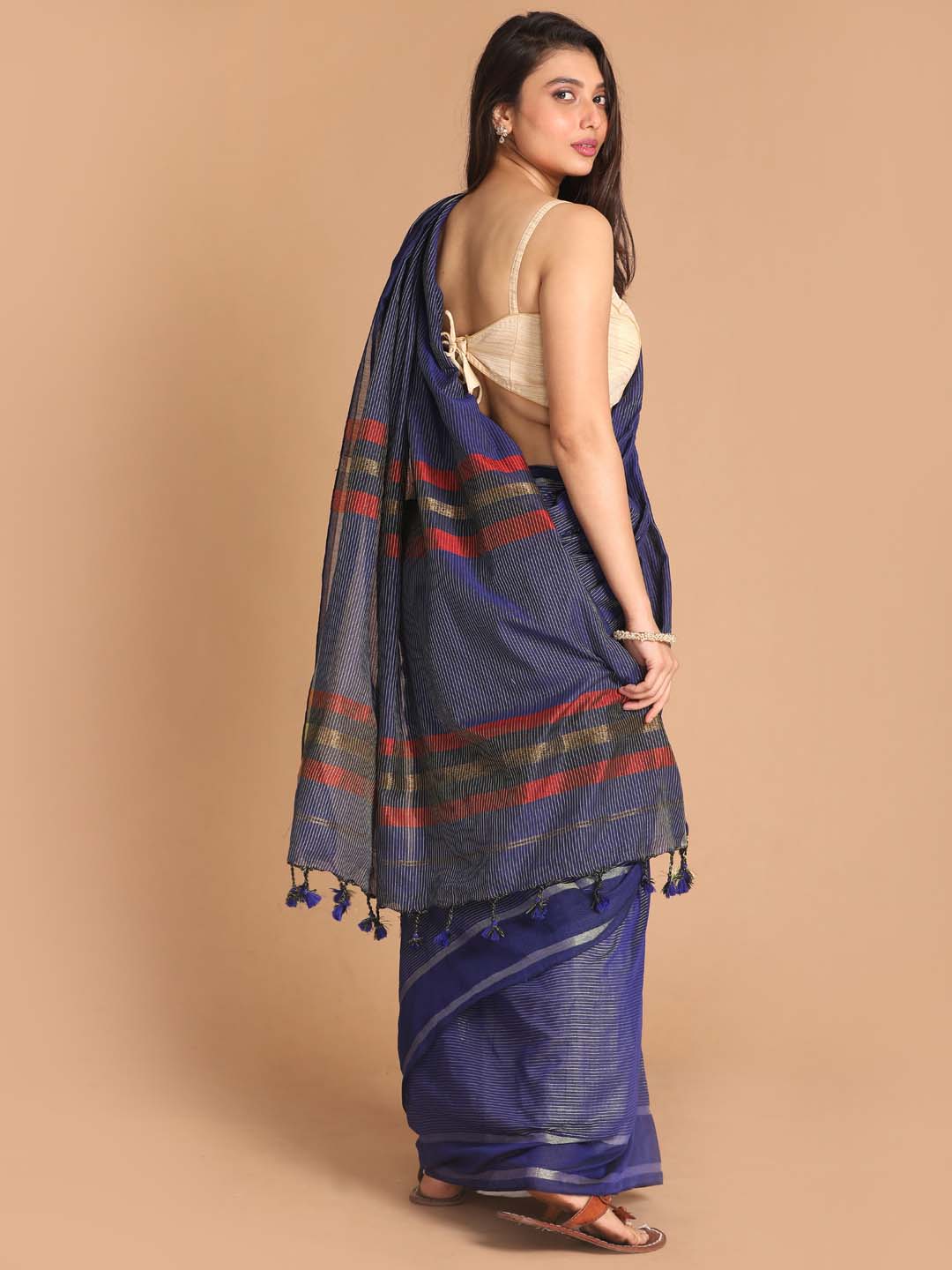 Indethnic Blue Bengal Handloom Pure Cotton Saree Work Saree - View 3