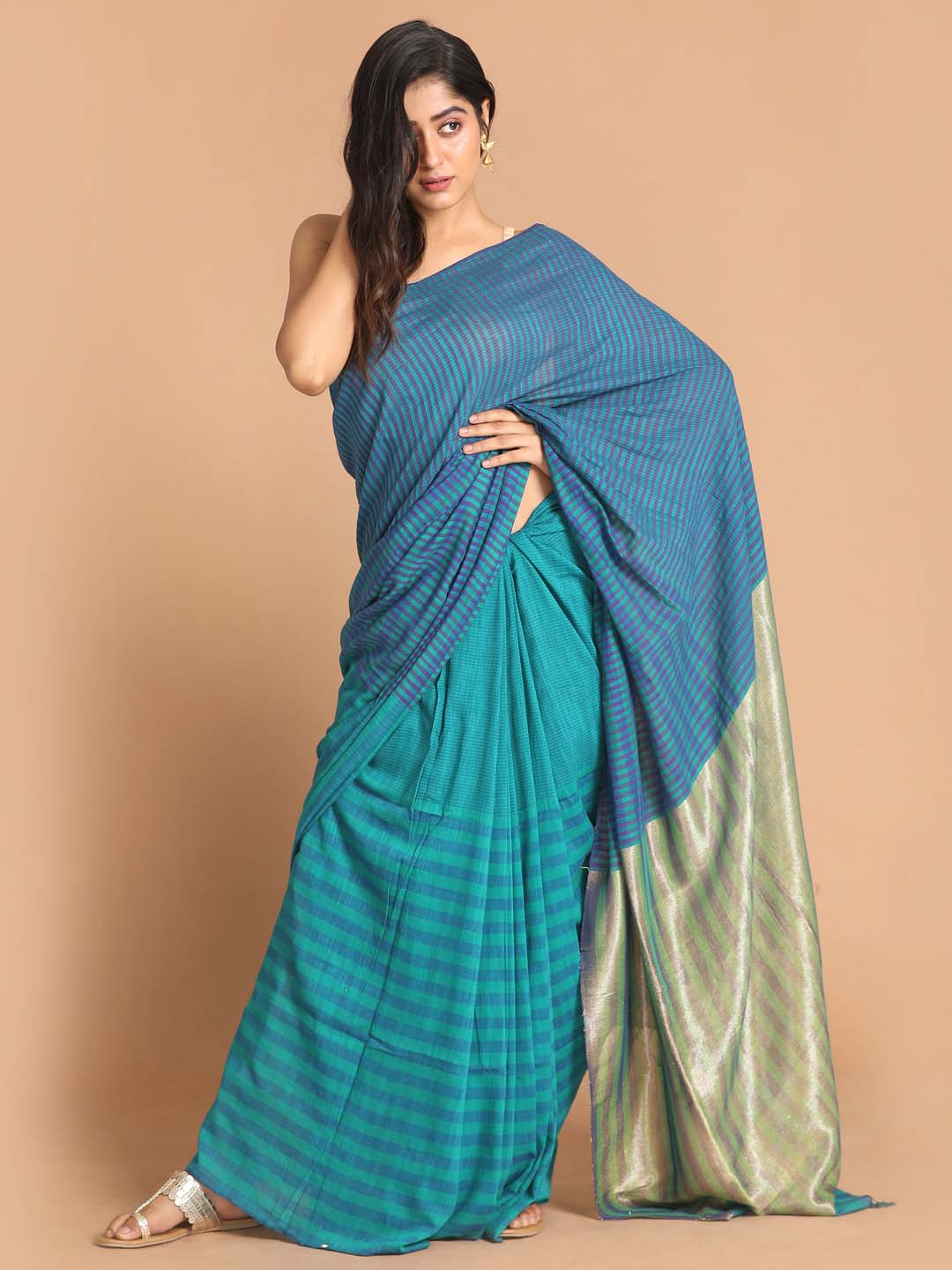 Indethnic Blue Bengal Handloom Pure Cotton Saree Work Saree - View 1