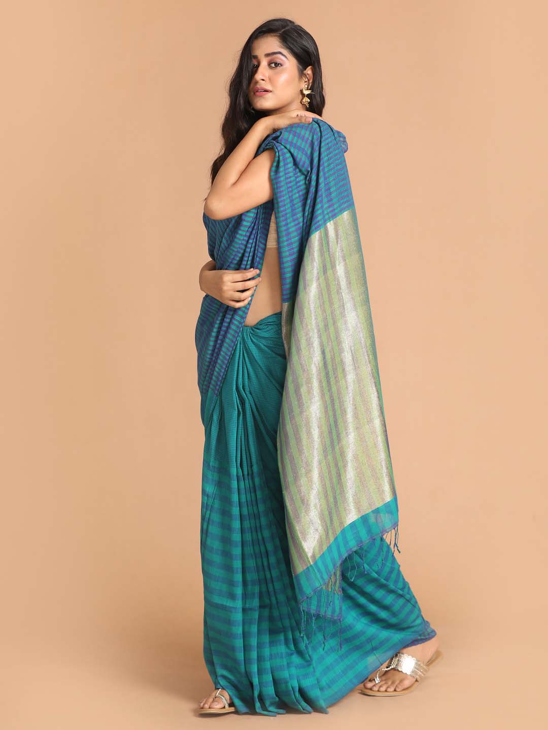 Indethnic Blue Bengal Handloom Pure Cotton Saree Work Saree - View 2