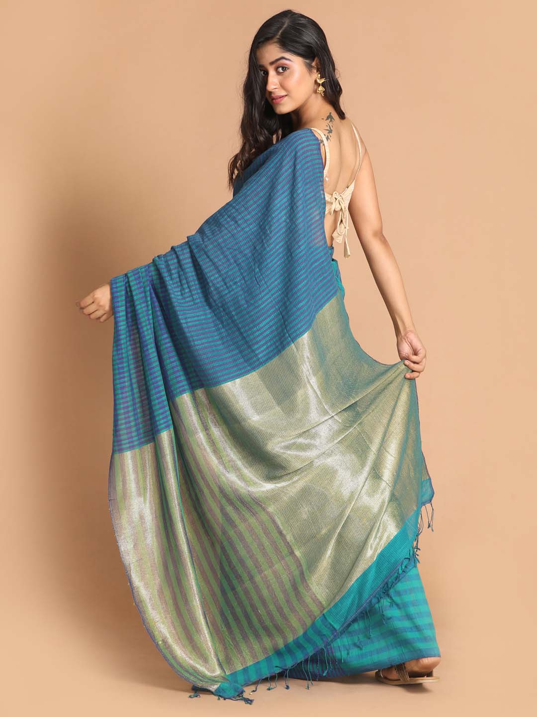 Indethnic Blue Bengal Handloom Pure Cotton Saree Work Saree - View 3