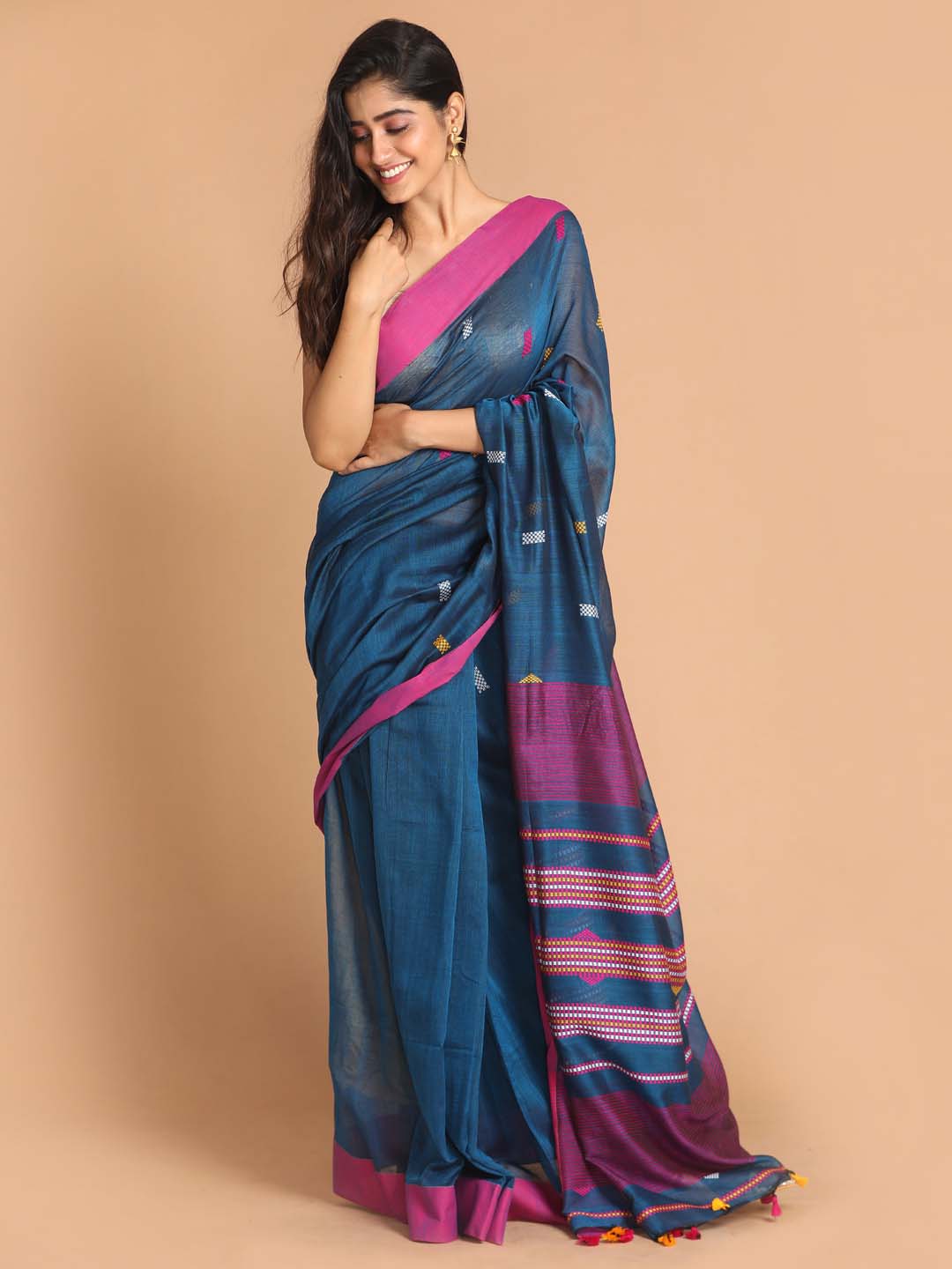 Indethnic Blue Bengal Handloom Pure Cotton Saree Work Saree - View 1
