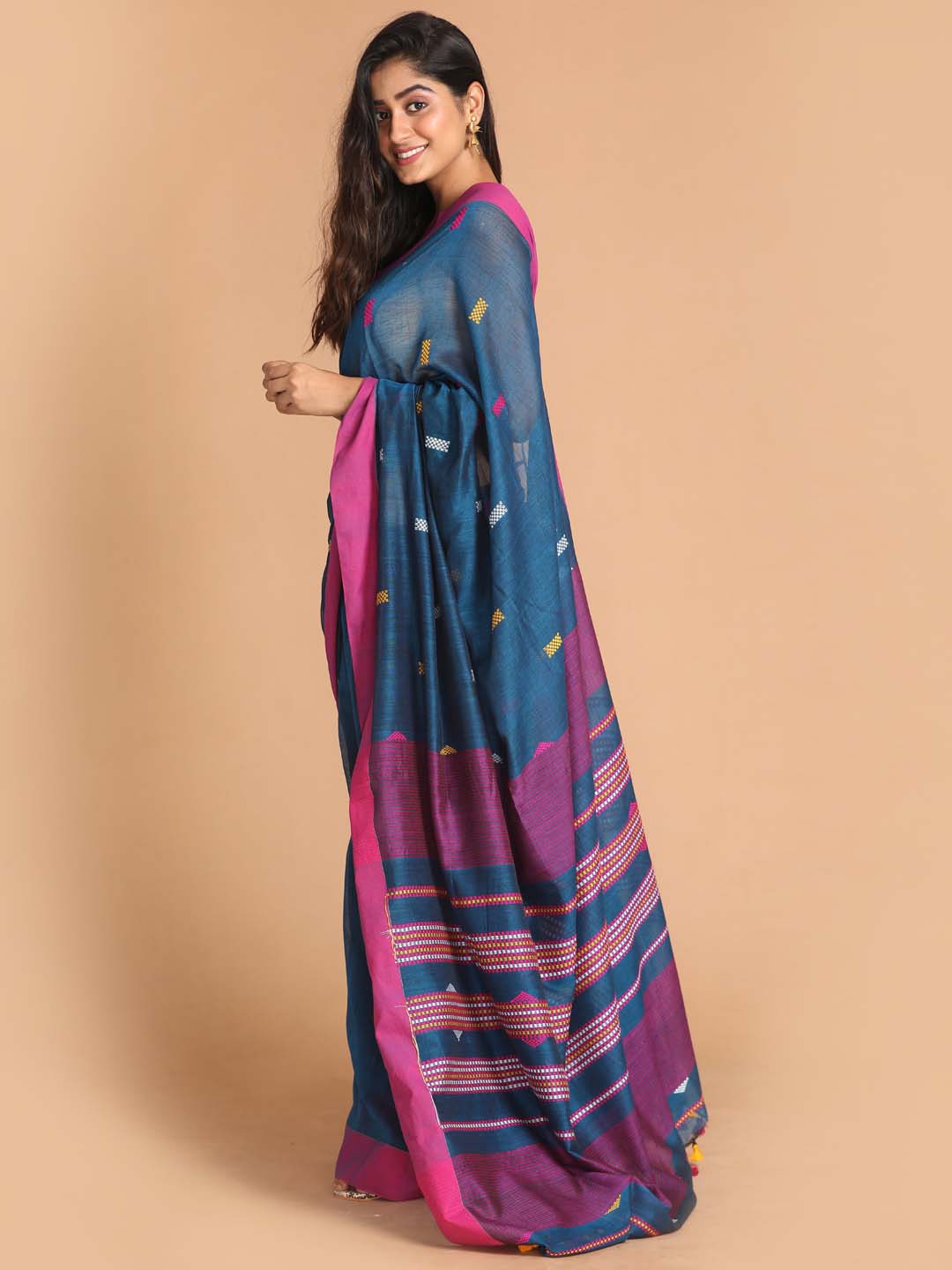Indethnic Blue Bengal Handloom Pure Cotton Saree Work Saree - View 2