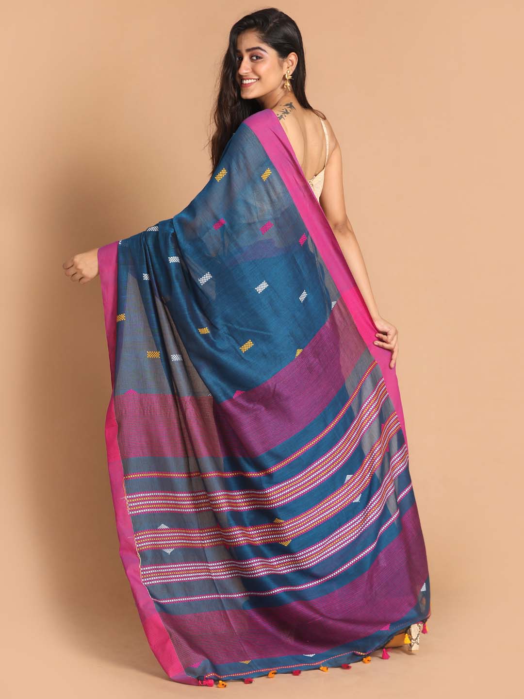 Indethnic Blue Bengal Handloom Pure Cotton Saree Work Saree - View 3