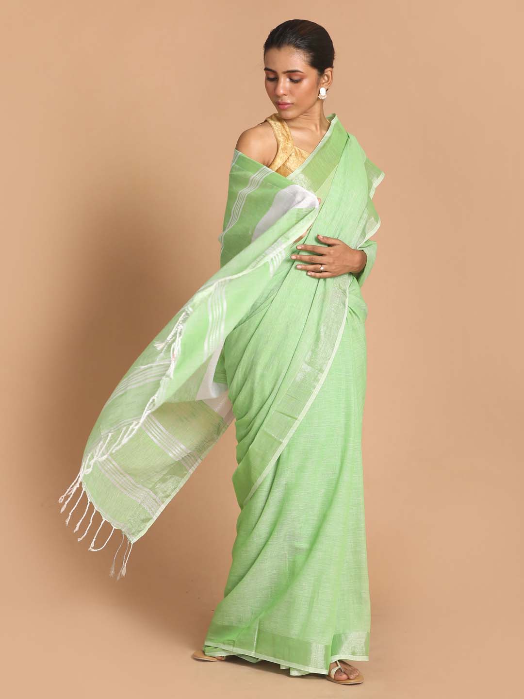 Indethnic Green Bengal Handloom Pure Cotton Saree Work Saree - View 1