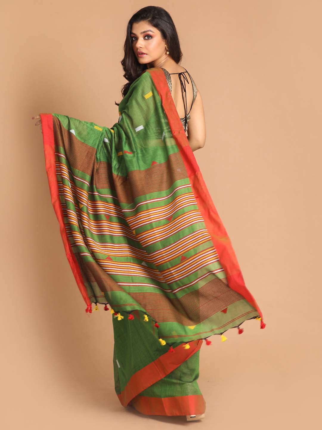 Indethnic Green Bengal Handloom Pure Cotton Saree Work Saree - View 3
