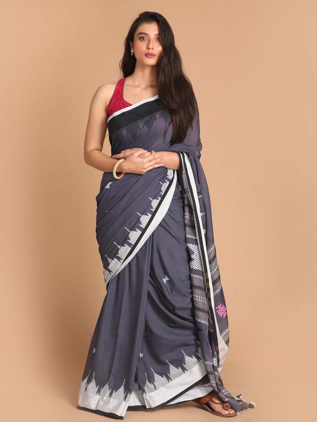 Indethnic Grey Bengal Handloom Pure Cotton Saree Daily Saree - View 1