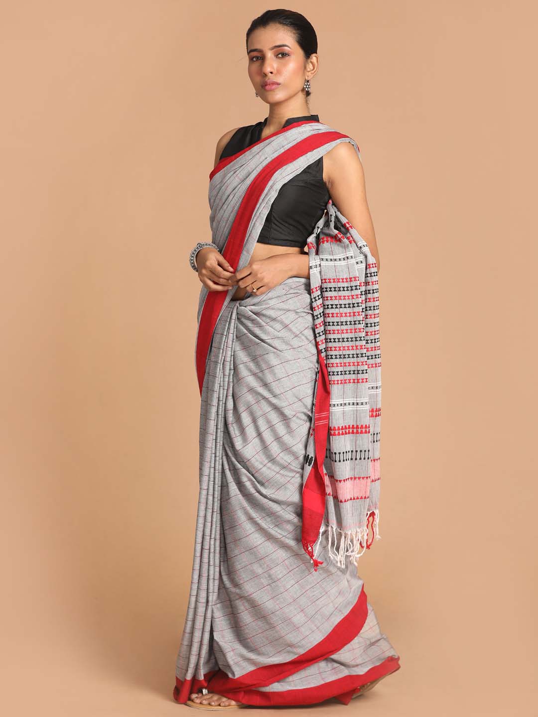 Indethnic Grey Bengal Handloom Pure Cotton Saree Work Saree - View 2