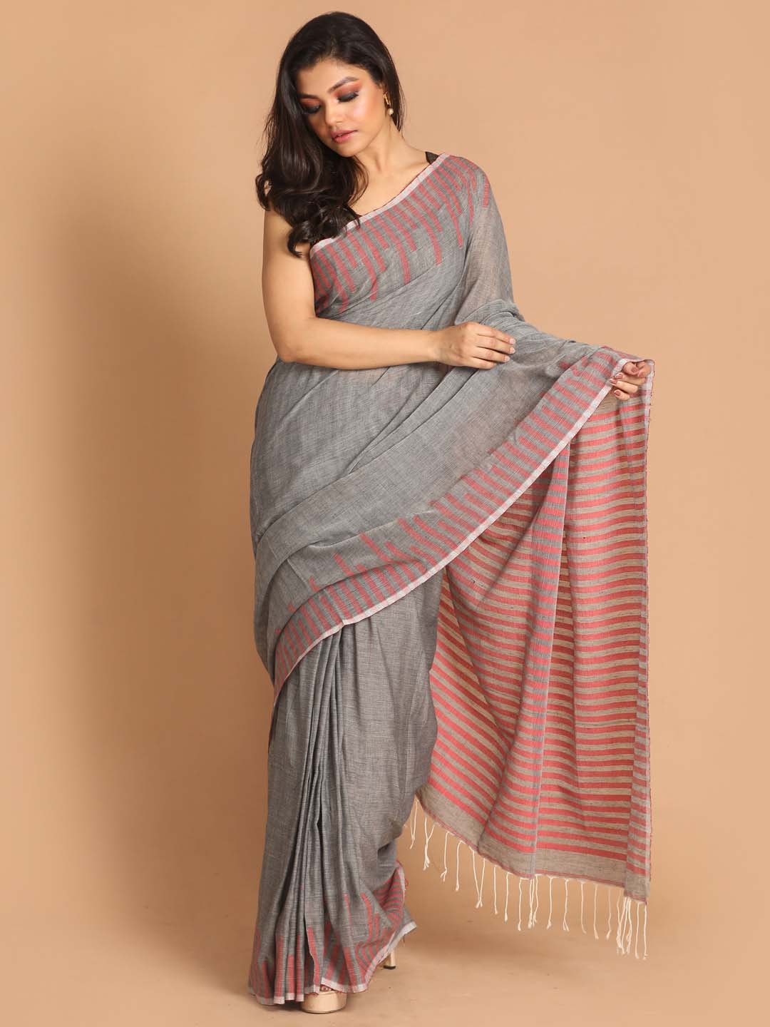 Indethnic Grey Bengal Handloom Pure Cotton Saree Work Saree - View 1
