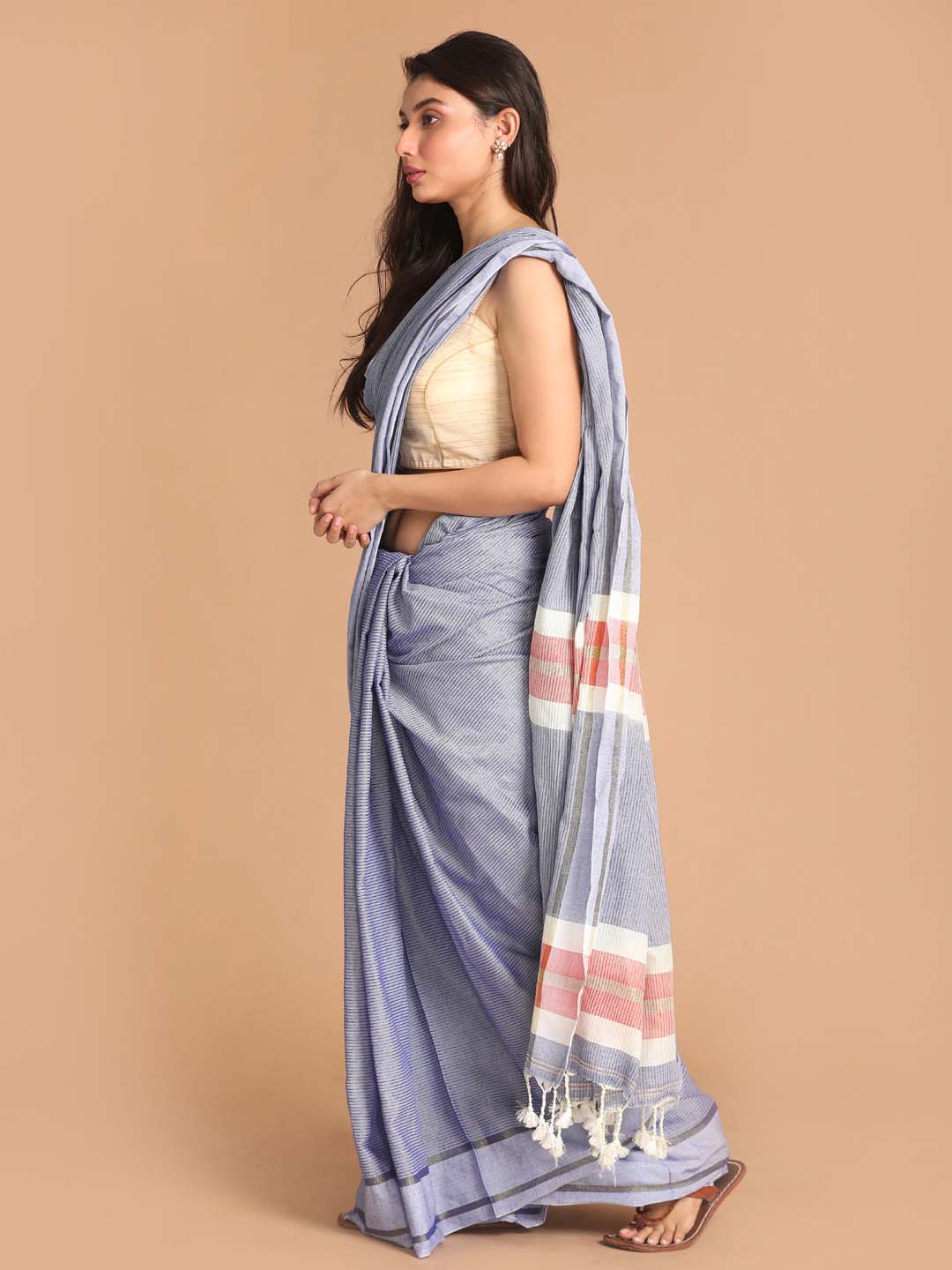 Indethnic Grey Bengal Handloom Pure Cotton Saree Work Saree - View 2