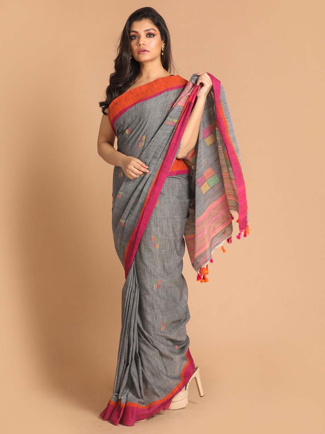 Indethnic Grey Bengal Handloom Pure Cotton Saree Work Saree - View 1
