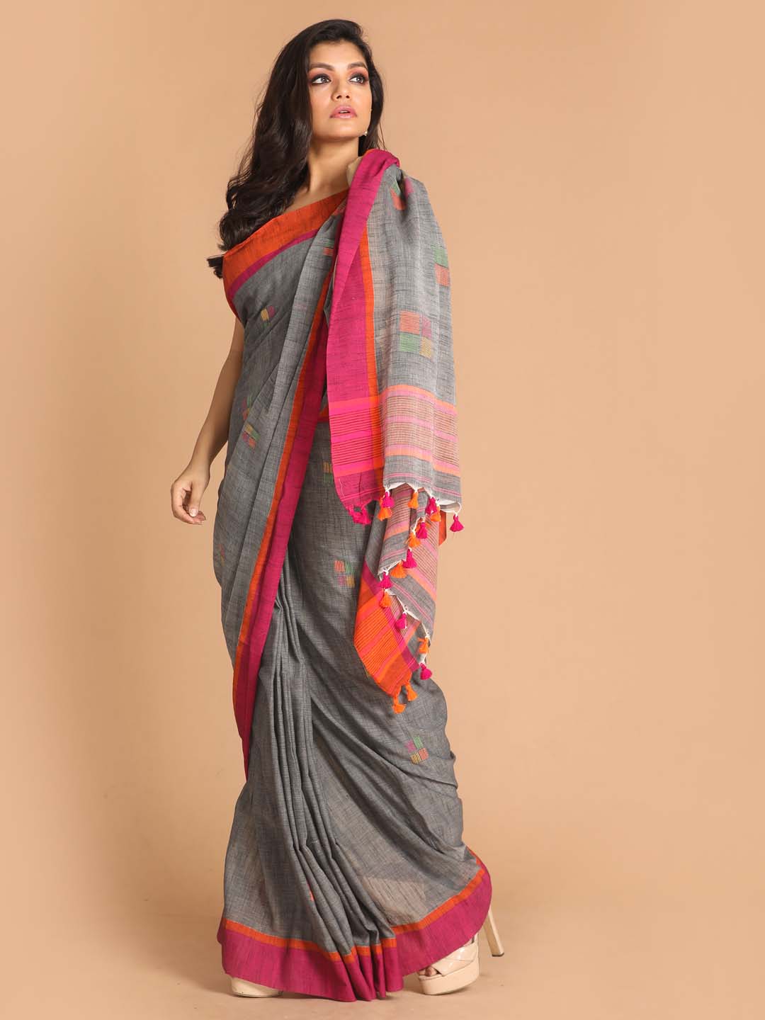 Indethnic Grey Bengal Handloom Pure Cotton Saree Work Saree - View 2