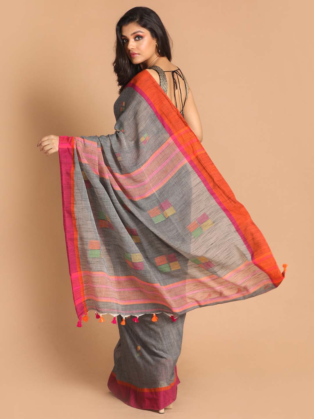 Indethnic Grey Bengal Handloom Pure Cotton Saree Work Saree - View 3