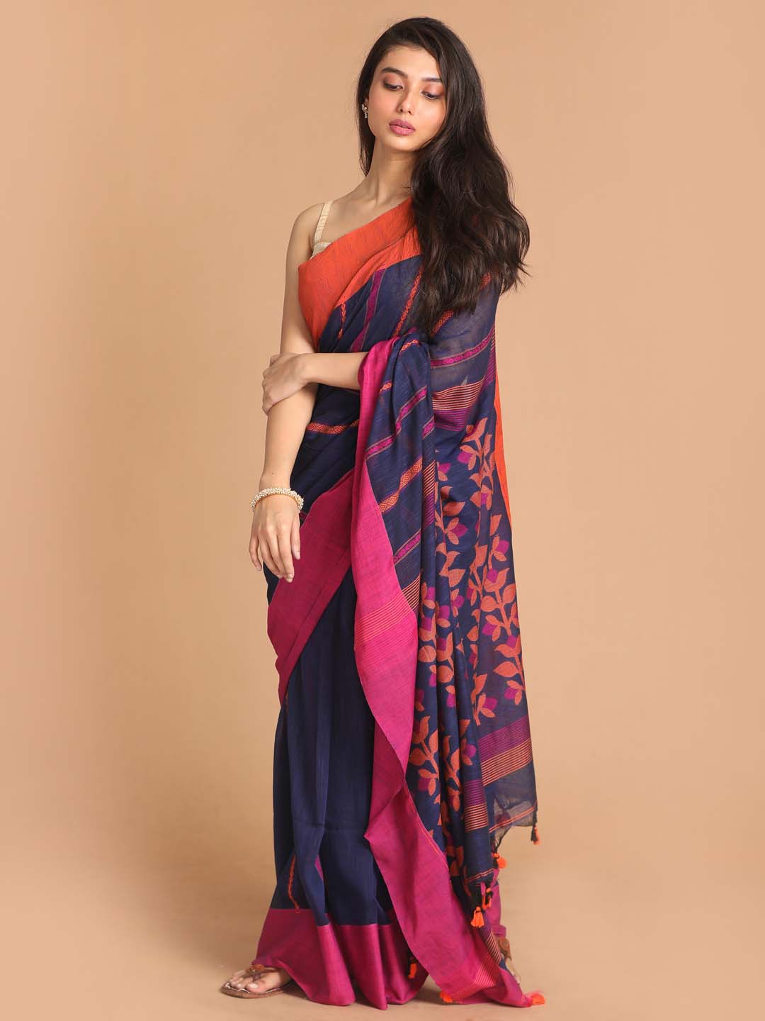 Indethnic Navy Blue Bengal Handloom Pure Cotton Saree Daily Saree - View 1