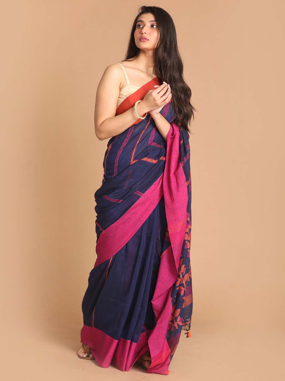 Indethnic Navy Blue Bengal Handloom Pure Cotton Saree Daily Saree - View 2