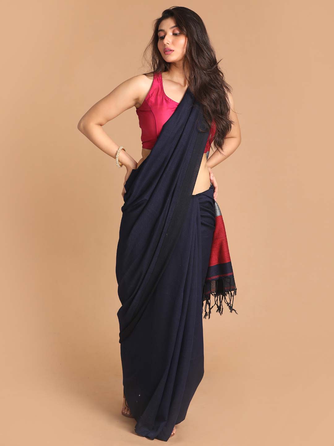 Indethnic Navy Blue Bengal Handloom Pure Cotton Saree Party Saree - View 2