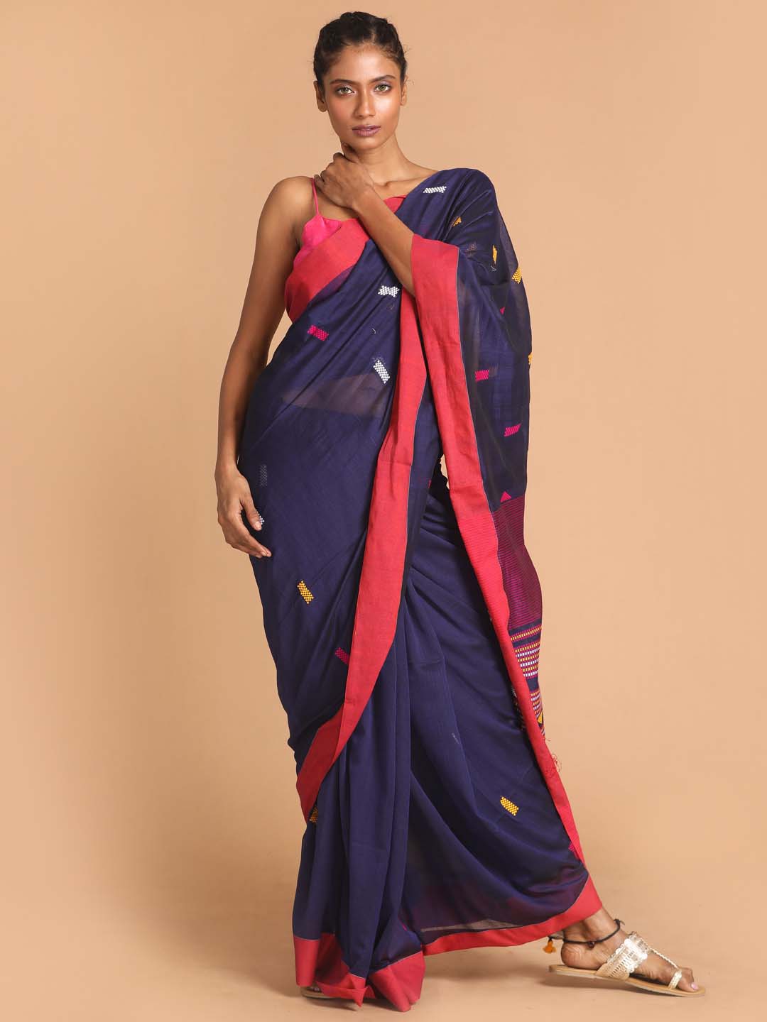 Indethnic Navy Blue Bengal Handloom Pure Cotton Saree Work Saree - View 1