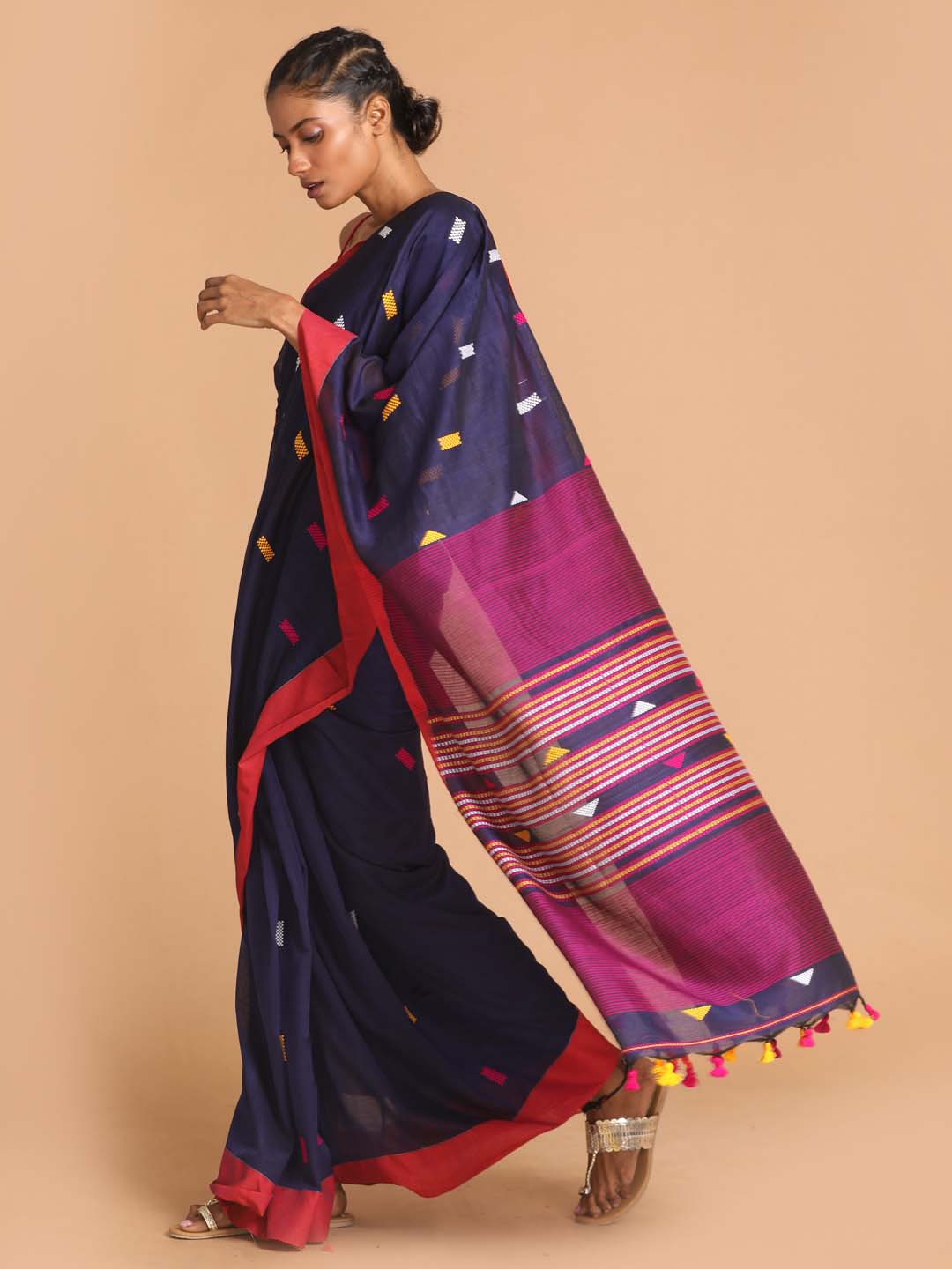 Indethnic Navy Blue Bengal Handloom Pure Cotton Saree Work Saree - View 2