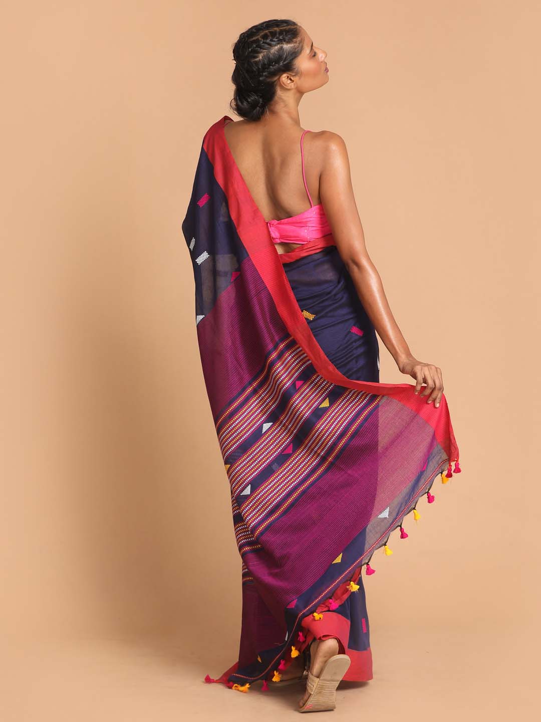 Indethnic Navy Blue Bengal Handloom Pure Cotton Saree Work Saree - View 3