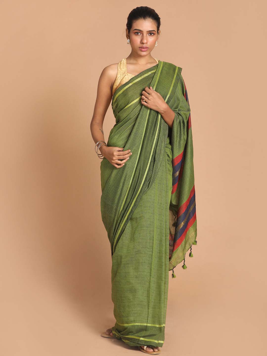 Indethnic Olive Bengal Handloom Pure Cotton Saree Work Saree - View 1