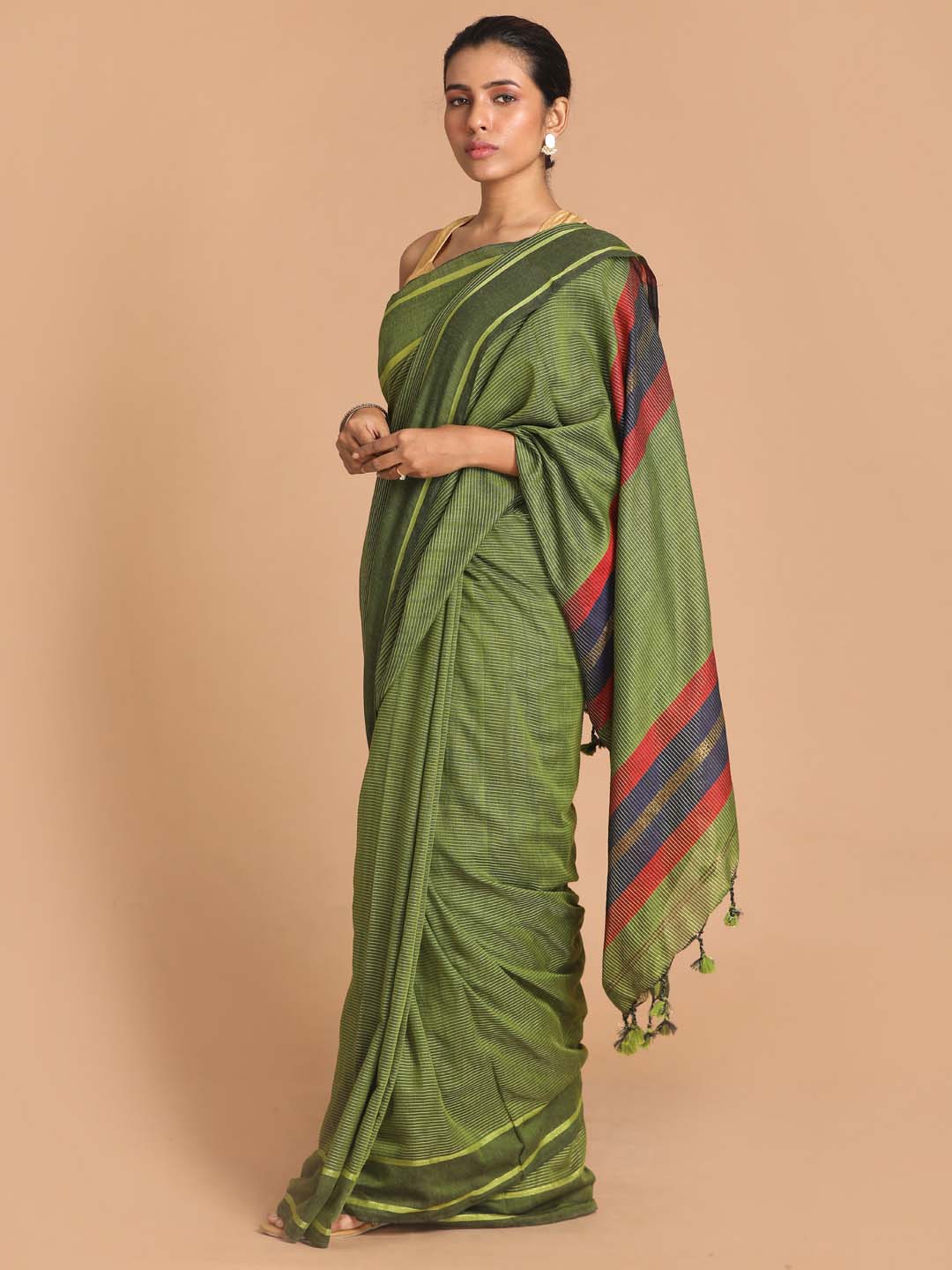 Indethnic Olive Bengal Handloom Pure Cotton Saree Work Saree - View 2