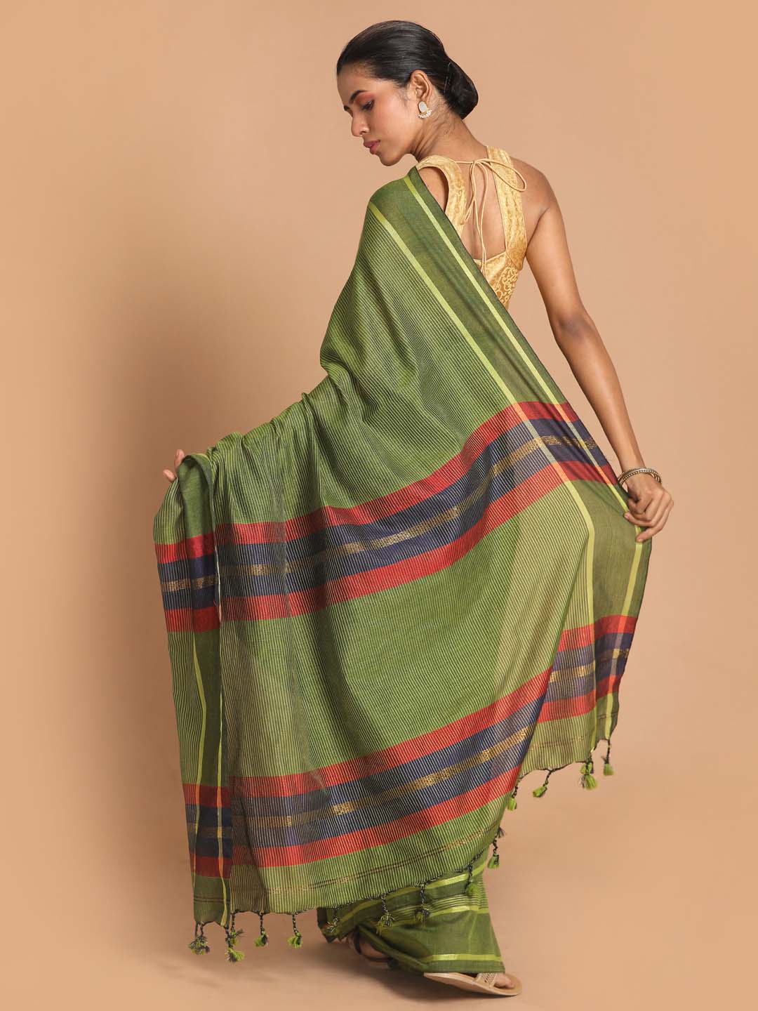 Indethnic Olive Bengal Handloom Pure Cotton Saree Work Saree - View 3