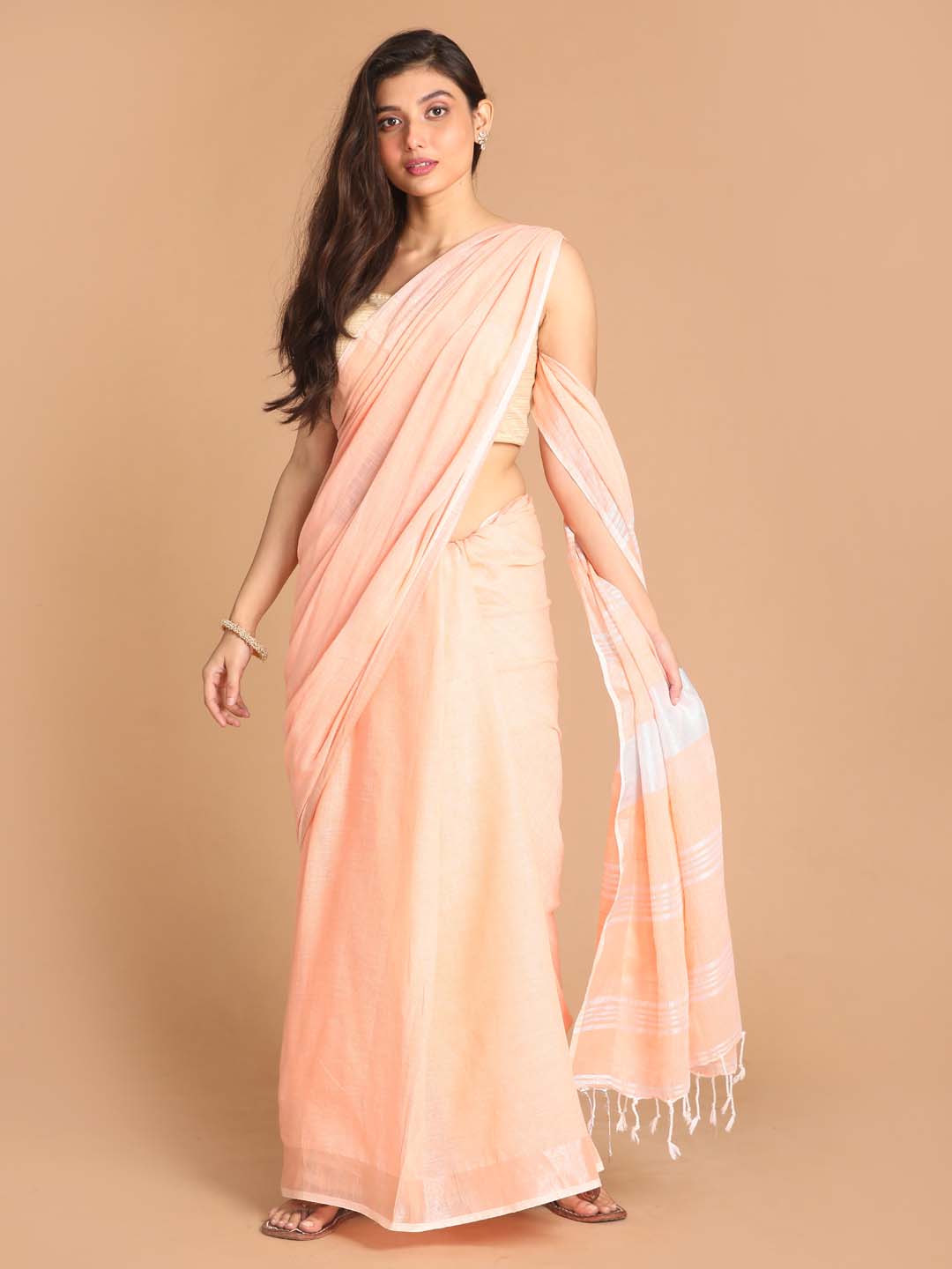 Indethnic Peach Bengal Handloom Pure Cotton Saree Work Saree - View 1