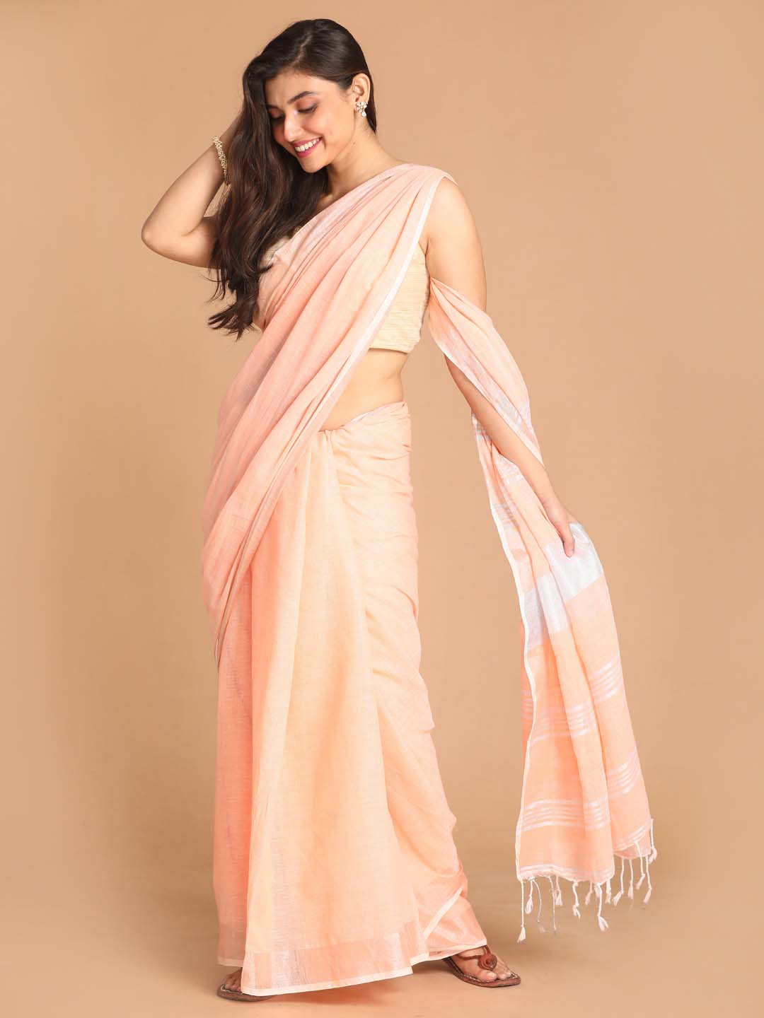 Indethnic Peach Bengal Handloom Pure Cotton Saree Work Saree - View 2