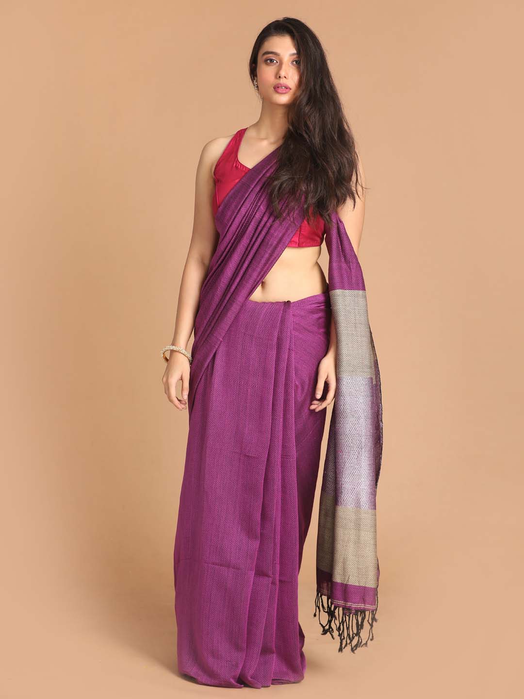 Indethnic Purple Bengal Handloom Pure Cotton Saree Party Saree - View 1
