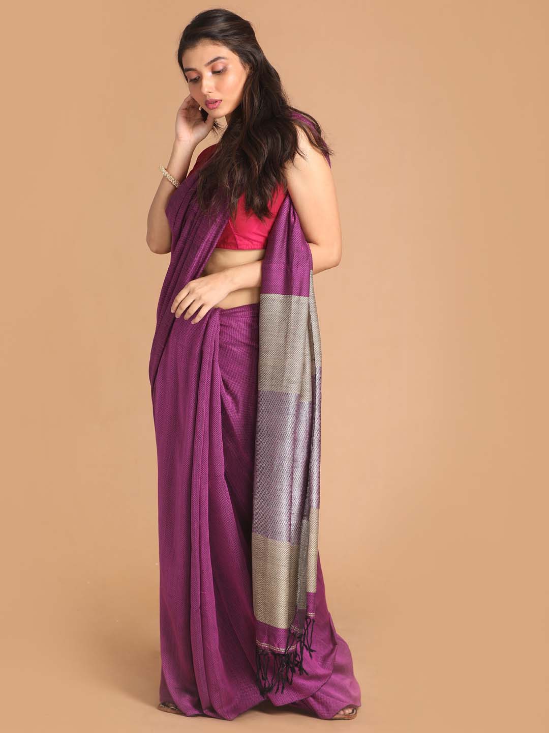 Indethnic Purple Bengal Handloom Pure Cotton Saree Party Saree - View 2