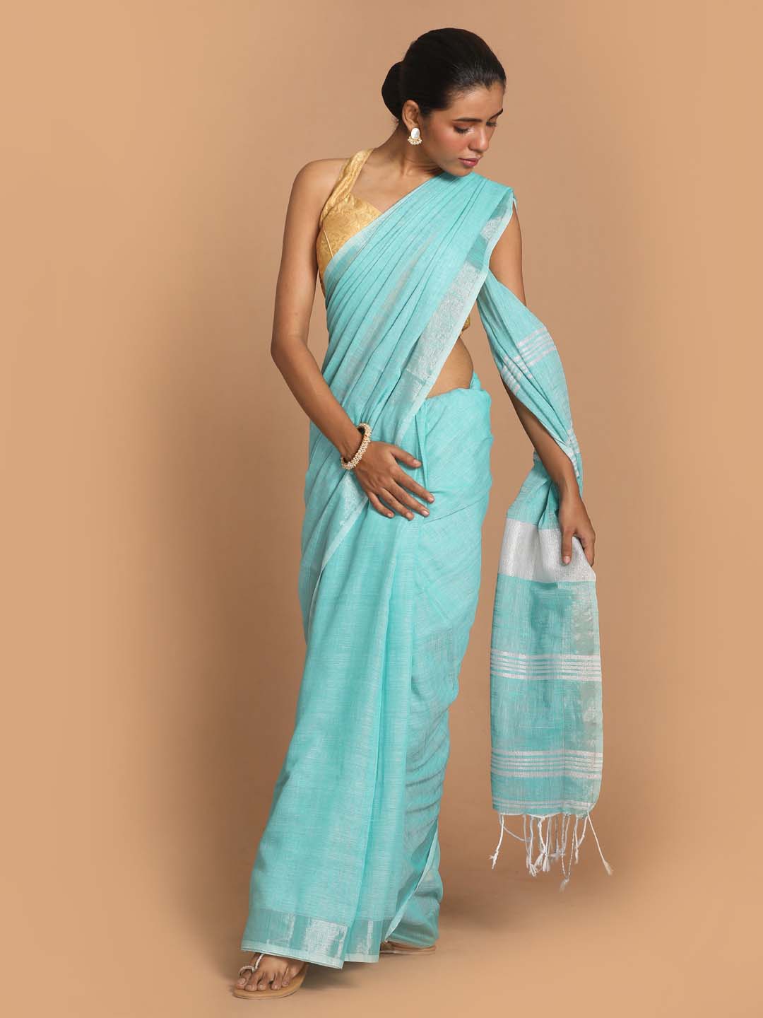 Indethnic Sea Green Bengal Handloom Pure Cotton Saree Work Saree - View 1