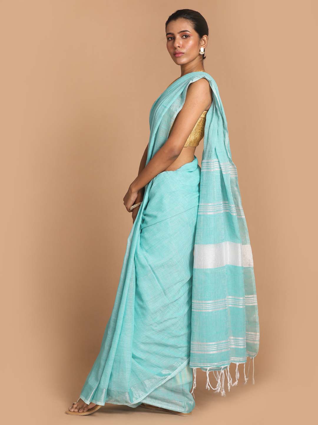 Indethnic Sea Green Bengal Handloom Pure Cotton Saree Work Saree - View 2