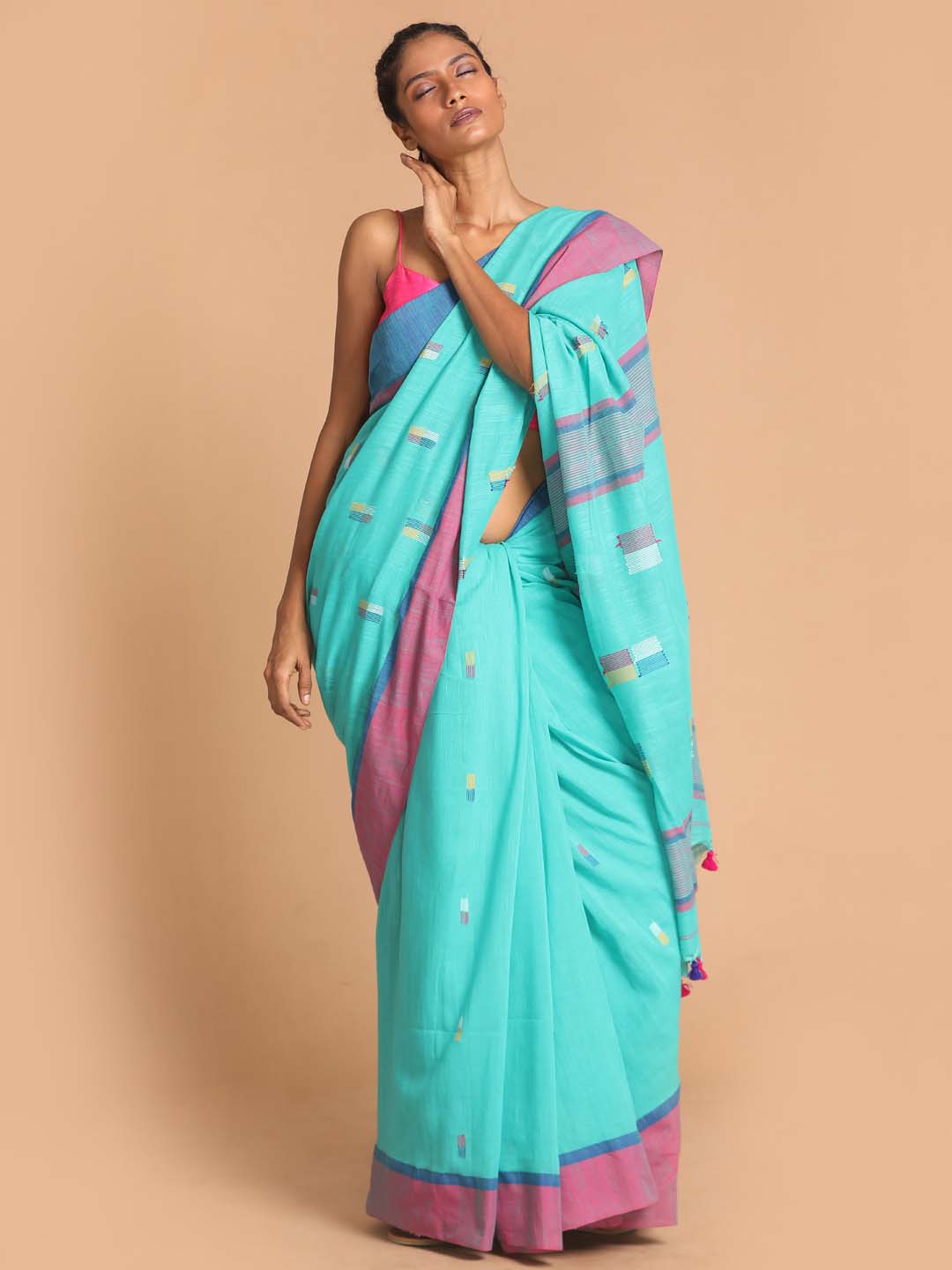 Indethnic Turquoise Blue Bengal Handloom Pure Cotton Saree Work Saree - View 1