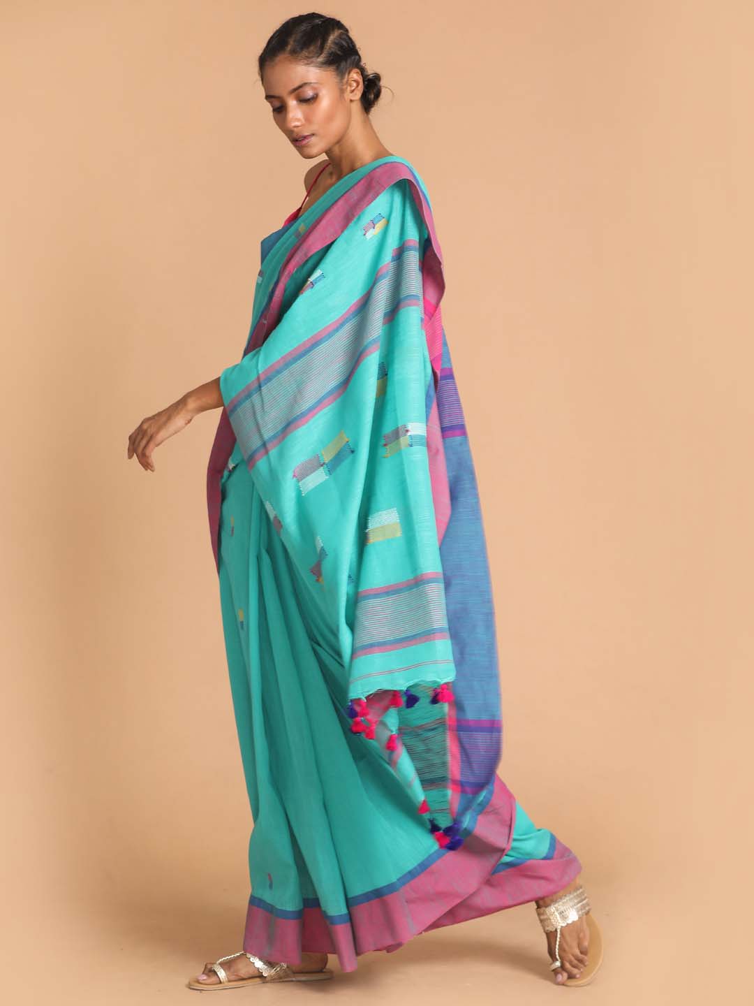 Indethnic Turquoise Blue Bengal Handloom Pure Cotton Saree Work Saree - View 2