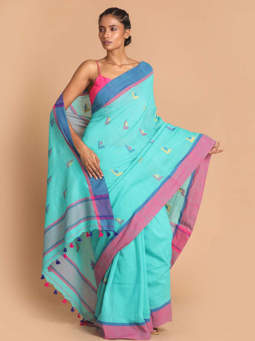 Indethnic Turquoise Blue Bengal Handloom Pure Cotton Saree Work Saree - View 1