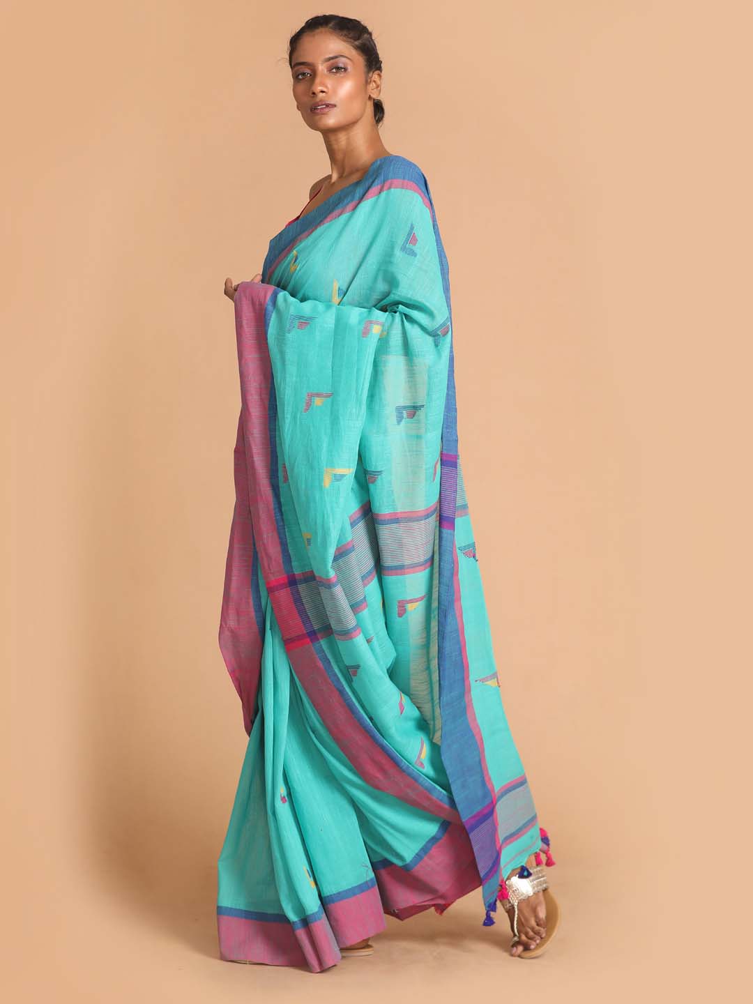Indethnic Turquoise Blue Bengal Handloom Pure Cotton Saree Work Saree - View 2