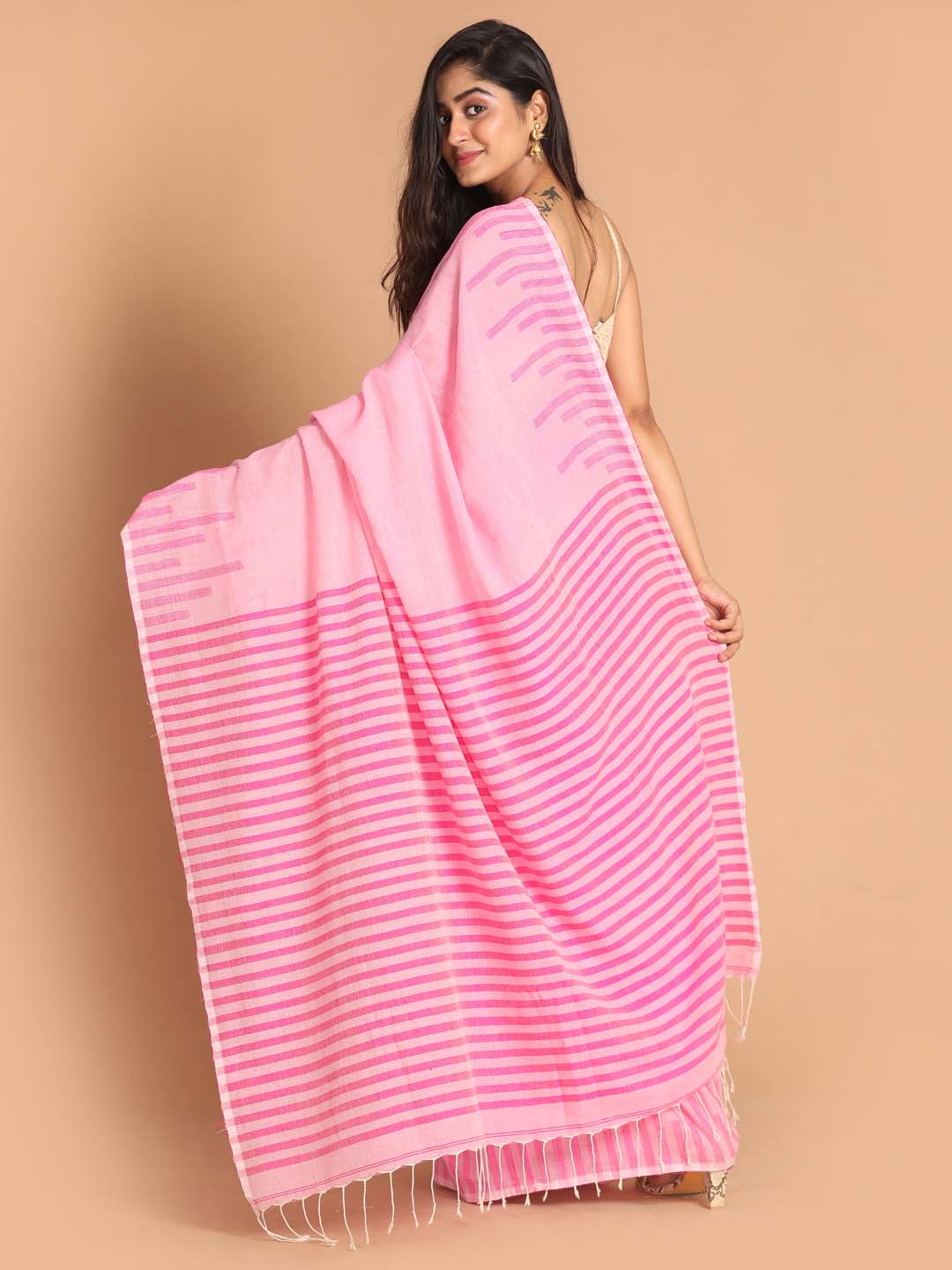 Indethnic Pink Bengal Handloom Pure Cotton Saree Work Saree - View 3