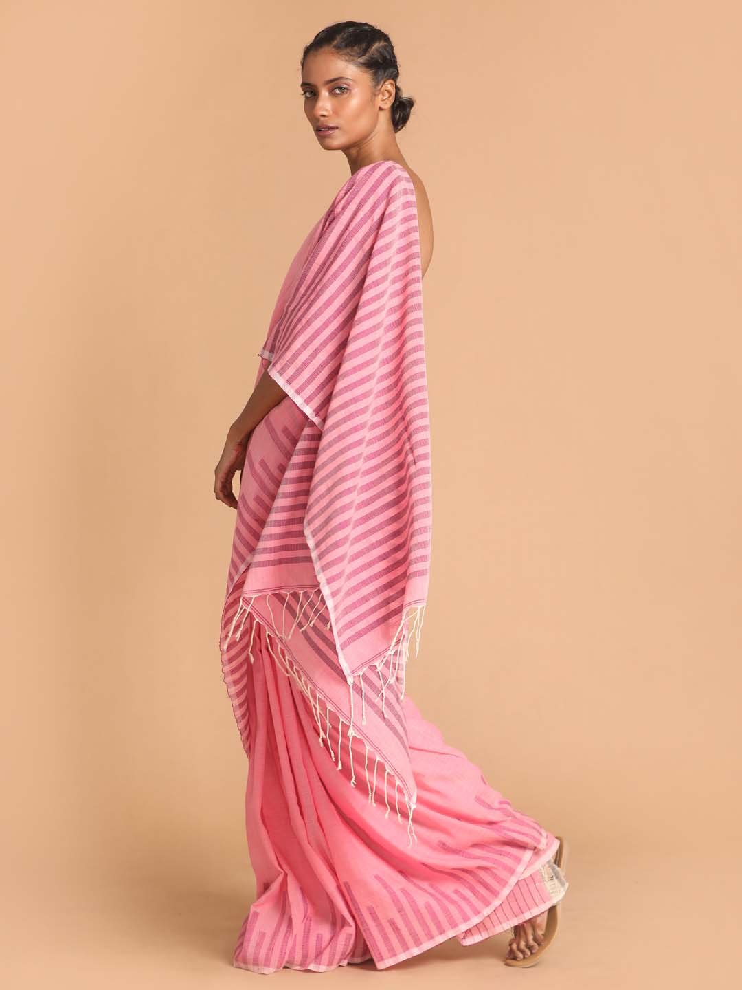 Indethnic Pink Bengal Handloom Pure Cotton Saree Work Saree - View 2