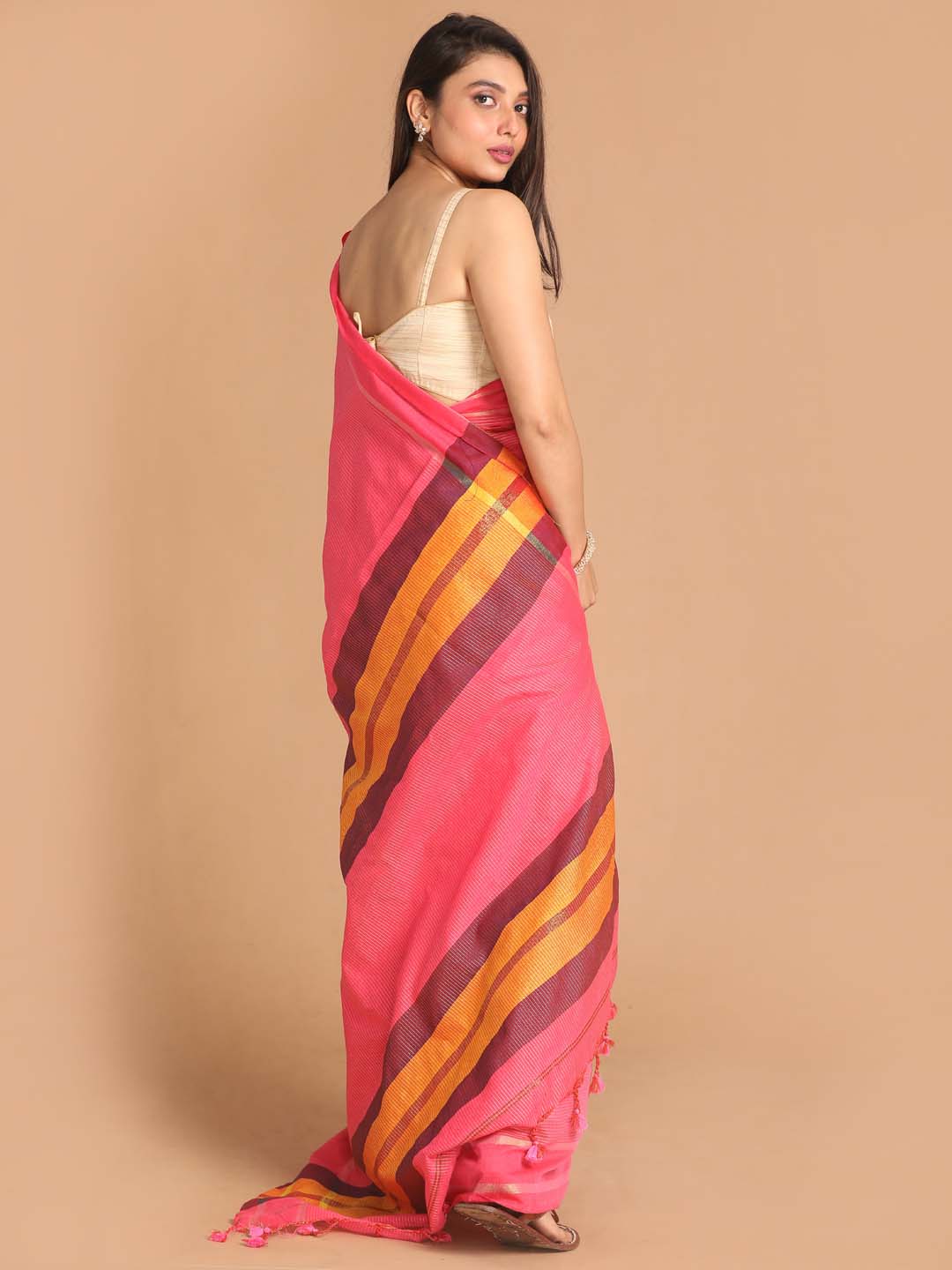 Indethnic Pink Bengal Handloom Pure Cotton Saree Work Saree - View 3