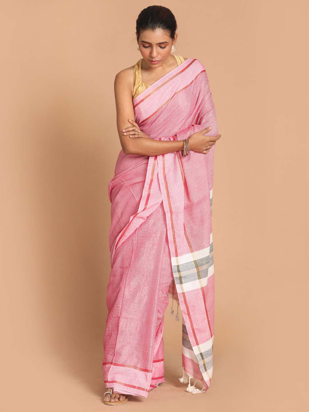 Indethnic Pink Bengal Handloom Pure Cotton Saree Work Saree - View 1