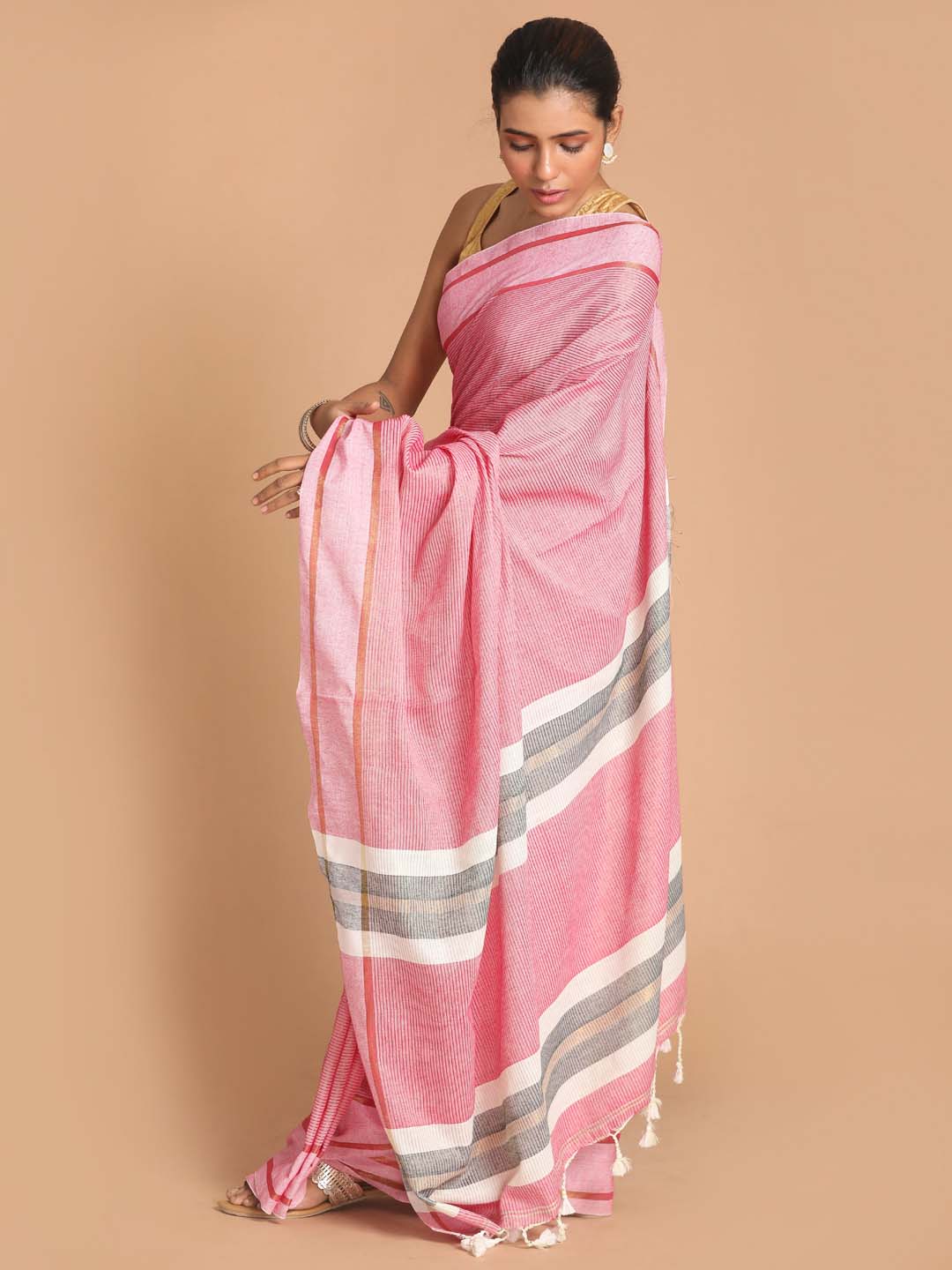 Indethnic Pink Bengal Handloom Pure Cotton Saree Work Saree - View 2