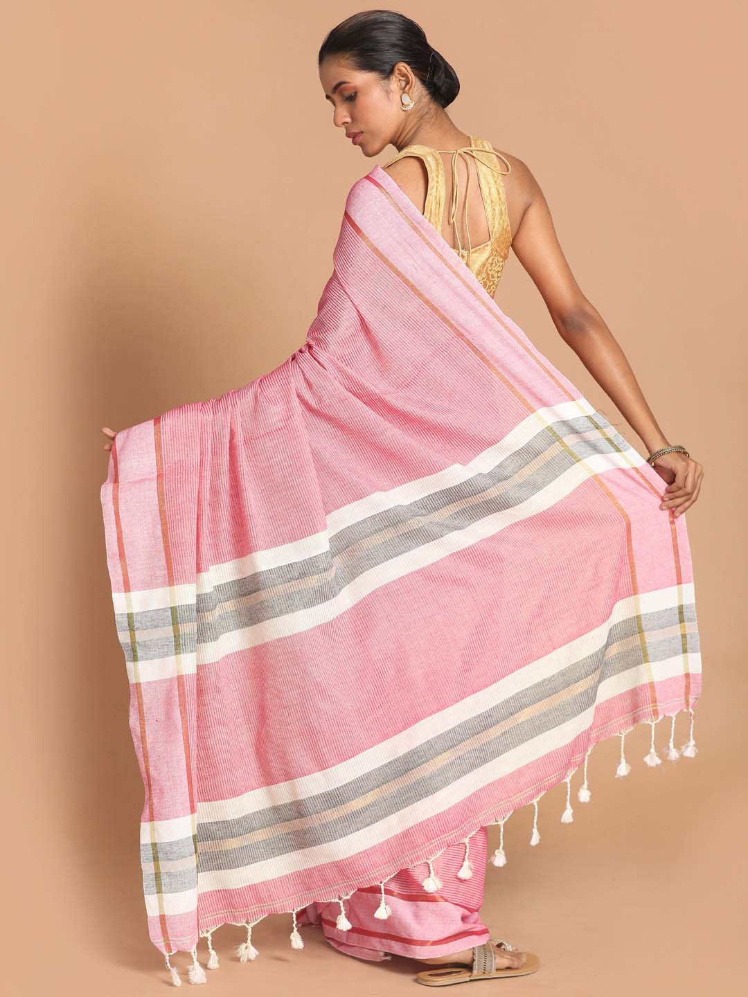 Indethnic Pink Bengal Handloom Pure Cotton Saree Work Saree - View 3