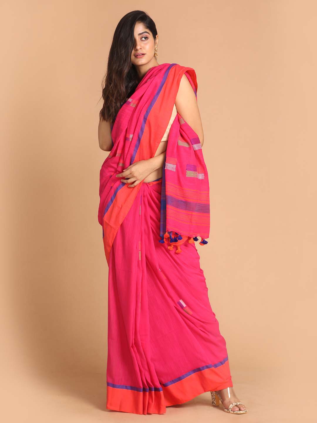 Indethnic Pink Bengal Handloom Pure Cotton Saree Work Saree - View 1